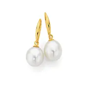9ct Gold, Cultured Fresh Water Pearl Earrings in White