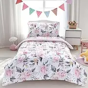 Pea Pod Toddler Bedding Sets for Girls, Pink Floral Toddler Crib Bedding Set 4 Piece Toddler Comforter Set Includes Flat Top Sheet, Fitted Sheet, Comforter, Envelope Pillowcase, Soft & Comfort