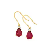 9ct Gold, Created Ruby & Diamond Pear Earrings in Red