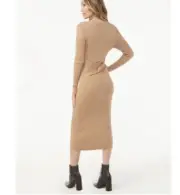NWT Sofia Vergara Dress Womens Sz L Tan Ribbed Midi Cut Out Back Opening