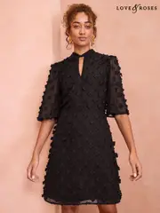 Love & Roses Black Petite 3D Floral Print Angel Sleeve Mini Dress (AD7535) | $138