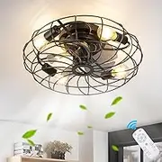 20" Caged Ceiling Fans with Lights and Remote,Small Farmhouse Ceiling Fan Industrial Enclosed Fan Lights Flush Mount Bladeless Low Profile Ceiling Fan for Bedroom, Kitchen, Indoor
