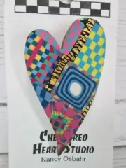 Checkered Heart Studio Polymer Clay Pin Brooch Patchwork Quilt Colorful Handmade