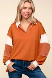 Haptics Color Block Exposed Seam Long Sleeve Top For Women