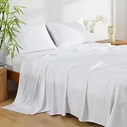 NATUREFIELD Bamboo and Cotton Bed Sheet Set Breathable & Cooling Deep Pockets Soft & Wrinkle-Free Easy Care Hotel Luxury 4 Piece Calking White