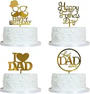 Sodasos Father's Day Cake Topper，Happy Father's Day Best Dad Ever，Birthday Party Cake Decorations Toppers Picks for Father's Birthday Party Birthday Celebrating Party Supply (4pcs)