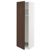 METOD high cabinet w shelves/wire basket, white/Sinarp brown, 60x60x200 cm