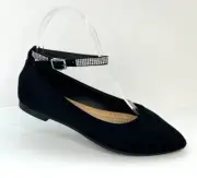 Wild Diva Lounge Black Flats Jeweled Ankle Strap Buckle Pointed Toe Suede Size 6