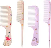 Bmeigo 4pcs Kids Hair Brush Set for Girls Boys - Toddler Hair Combs Wide Tooth Rat Tail Hair Styling Brushes Baby Comb Kit for Children Curly Straight Long Hair, Animals Pattern (Pink + Purple)