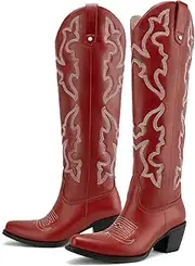 [DREAMCIA] Embroidered Western Boots for Women Cowboy Boots Wide Mid Calf Western Cowgirl Boots with Pointed Toe Chunky Heel Western Knee High Boots