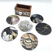 Drink Coasters with Holder, Coasters Sets of 6 Pack, Wooden Coasters for Tabletop Protection, Suitable for Kinds of Cups, Wooden Table, Cute Home Decor, Coasters Modern House Warming Gift, 9.5 CM