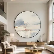 Handmade Circular Oil Painting Abstract Ocean Seascape Soft Clouds Misty Sky Reflection Textured 3D Brushstrokes Blue White Gray Terracotta Modern Wall Art Rea