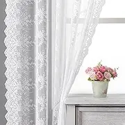 Kotile White Lace Cafe Curtains 45 Inch Length for Kitchen Window, Embroidered Rustic Vine Floral Short Lace Curtains 2 Panels, Rod Pocket Privacy Lace Window Curtains, 52 x 45 Inch, 1 Pair, White