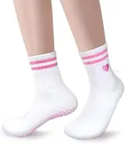 [WINNOBEL] Pilates Socks with Grips for Women, Cute Cuff Embroidery Yoga Non Slip, Grippy Crew Socks for Barre Gifts 4 Pairs, White