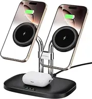 SwanScout Magnetic Dual Phone Charger for iPhone, 3 in 1 Wireless Charging Station for iPhone 15/14/13/12 Series, for Air pods Pro 2/3, Magnetic Wireless Phone Charger (Black)