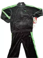 NwT Puma Boys Sweat Zip Up With Sweat Pants 2 Piece Set Black Neon Green Size 6