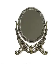 SEHAMANO Vintage Antique Embossed Roses Pattern Makeup Table Mirror, Decorative Oval Shaped Stand Mirror, Vanity Cosmetic Double Sided Rotatable Ellipse Metal Frame Mirror (Brass (Matt Gold), Large)