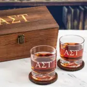 Alpha Sigma Tau Engraved Whiskey Glasses In Wood Gift Box