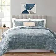 Luxury Velvet Quilt King Size, Ultra Soft Velvet Bedding Sets, Lightweight Quilted Velvet Comforter Set, Channel Stitch Oversized Bedspread Coverlet with 2 Pillow Shams, Blue Linen