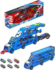 Transporter Car Track Set with 12 Toy Vehicle, Truck Track Toy with 12 Diecast Metal Cars in 1:64 Scale with Launcher- Carrier Truck for 3+ Years Old Boys - 4 Expandable Levels - Preschool Kids
