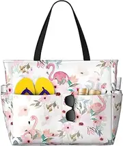 [Ghjkfbf] Floral With Flamingo Print Large Capacity Beach Travel Bag For Family, Beach Tote Bag For Women With Zipper Pockets, Black, One Size