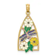14k Yellow Gold Enamel Dragonfly and Flowers Triangle Charm
