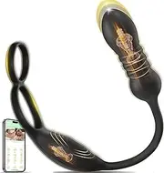 Thrusting Anal Sex Toy with Vibrating Cock Ring, Anal Dildo Vibrator Male Adult Sex Toys Games, APP Silicone Anal Butt Plug Trainer Sex Toy for Men Couples