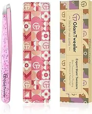 Expert Eyebrow Hair Removal Tweezer with Leather Case, GlamTweeler High Precision Slant Tip Stainless Steel Tweezers for Men and Women (Cherry Blossom Pink)