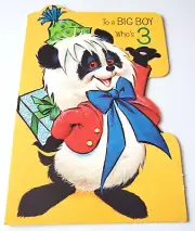 Vintage Greeting Card Pete Hawley Panda Bear in Party Hat with Present
