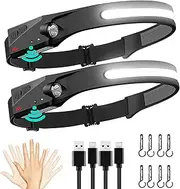 FBKK Rechargeable LED Headlamp 2 Pack, 230°Wide Beam Head Lamp with Motion Sensor, Waterproof Lightweight Headlight Flashlight for Camping, Hiking, Running, Outdoor for Adults and Kids