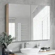 Simplus Bathroom Mirror Cabinet with Tier Adjustable Shelves Shower Shaving Cupboard Wall Mounted Medicine Vanity Storage 900MM(Oak)