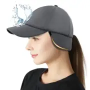 Winter Fleece Hat with Ponytail Hole Drop Down Ear Flaps Warmer for Women Grey