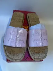 TORY BURCH Double T Sport Slides Napa Leather/Calf Petunia Natural 600 Size 10 ￼