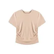 Short-Sleeve Round Neck Plain Crop Slim Fit Tee / High Rise Plain Maxi A-Line Skirt T-Shirt - Almond - One Size