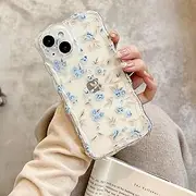 UEEBAI Cute Clear Case for iPhone 13 6.1 inch, Wavy Flower Case Pretty Lightweight Cute Curly Clear Case Stylish Soft Phone Case Shock-Proof Pretty Clear Cover for Women and Girl - Blue