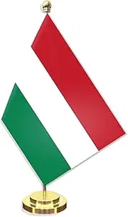 Hungary Desk Small Flag Set,5×8 Inch Mini Hungarian Desktop Banner,12" Metal Solid Pole Decor,Tiny Digital Printed Polyester Banner With Golden Base