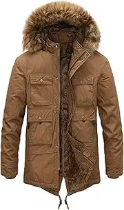 [JEShifangjiusu] 1/2 Pack Winter Warm Jacket for Men Zip Water Repellent Parka Jackets with Pockets Windbreak Down Coat with Fur Hood, Brown, XXL