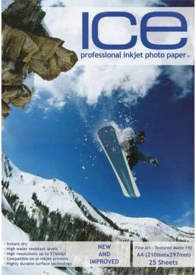 25 ICE 190 gsm A4 Fine ART Textured Matt coated Professional PHOTO INKJET paper