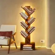 6 Tier Tree Bookshelf, Tall Bookcase, Freestanding Book Shelf Rustic Brown