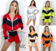 Womens Windbreaker Colour Co-Ord Crop Top Shorts Festive Tie Front Pocket Set UK