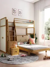在飛比找樂天市場購物網優惠-優升 多功能組合床實木帶衣柜床高低子母床上下床兒童成人白臘木