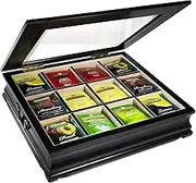 Chez Monett Tea Chest 12 Compartments Tea Bag Large Storage Box with Beveled Glass Lid