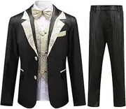 [SWOTGdoby] Boys Slim Fit Suit 5 Pieces Suit Set Blazer with Gold Rims Bowtie Vest Shirt Pants 2 Colors 5 Patterns for Party Performance