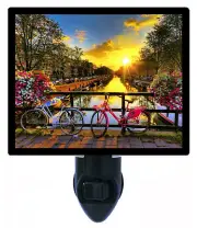 Dutch Decorative Photo Night Light, Amsterdam Sunrise, Bikes, Canal, Sunset