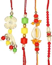 [Aditri Creation] Rakhi Bhaiya Bhabhi veera Rakhi set Rakhi Lumba Set with dora for Brother Bhabhi Rakhi set of 4 Family Rakhi Gift Pack Thread Bracelet Dori Kalwa for Raksha Bandhan Indian Traditional Festival, 8,