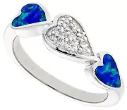 Women Silver Rhodium Plated Opal Inlay Triple Heart Ring CZ stone Accents 7mm