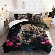 AILONEN Leopard Comforter Set Queen Size, 3D Forest Animal Cheetah Pattern Bedding Set,Safari Animal Print Duvet Set 3 Pieces, 1 Quilt and 2 Pillowcases