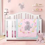 Sweet Baba Luxury 4 Piece Elephant Crib Bedding Set,Pink Crib Set for Baby Girls(Brids/Flowers),Microfiber Printed Nursery Bedding Set with Comforter/Skirt/2 Crib Sheets