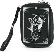 [Generic] Witch's Cat, Witch's Broom, or Witch's Hand Printed Canvas Pouch, Double Zipper, Detachable Wristlet Strap, 5" x 1.5" x 4, Black/White, Cat, Black/White