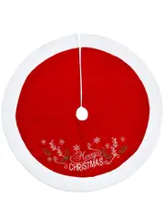 Red Fleece Christmas Tree Skirt With White Border & Embroidered Patterns - 1m
